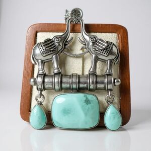 Larimar Artisan Articulating Pendant Silver Necklace Bali Elephant Motif